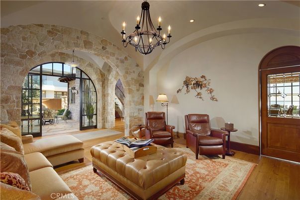 Chandelier, Interior, Living room, Recessed Lighting, Stone Walls, Wood Texture Flooring