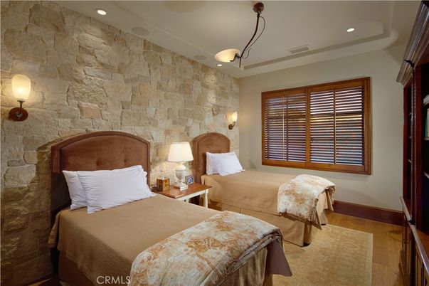 Bedroom, Interior, Recessed Lighting, Stone Walls, Wood Texture Flooring