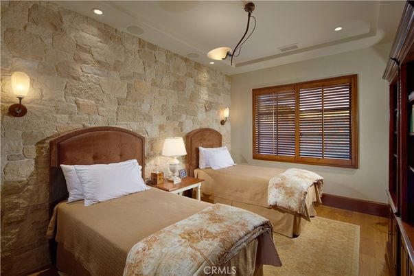 Bedroom, Interior, Recessed Lighting, Stone Walls, Wood Texture Flooring