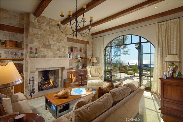 Chandelier, Fireplace, Interior, Living room, Recessed Lighting, Stone Walls, Wooden Beams