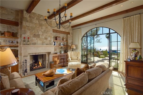 Chandelier, Fireplace, Interior, Living room, Recessed Lighting, Stone Walls, Wooden Beams
