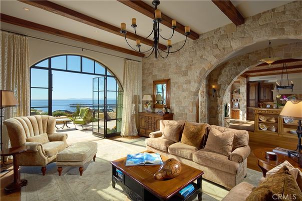Interior, Kitchen, Living room, Pendant Lights, Recessed Lighting, Stone Walls, Water, Wooden Beams