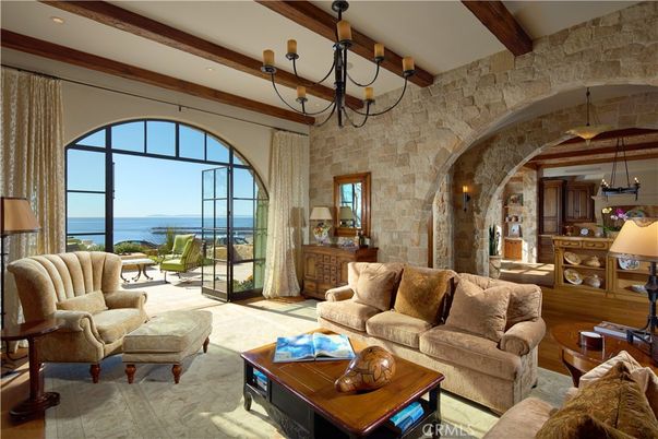 Interior, Living room, Pendant Lights, Recessed Lighting, Stone Walls, Water, Wooden Beams