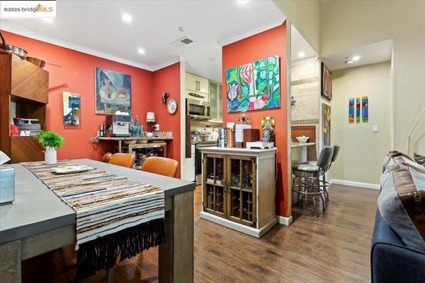 Dining room, Interior, Kitchen, Recessed Lighting, Stainless Steel Appliances, Wood Texture Flooring