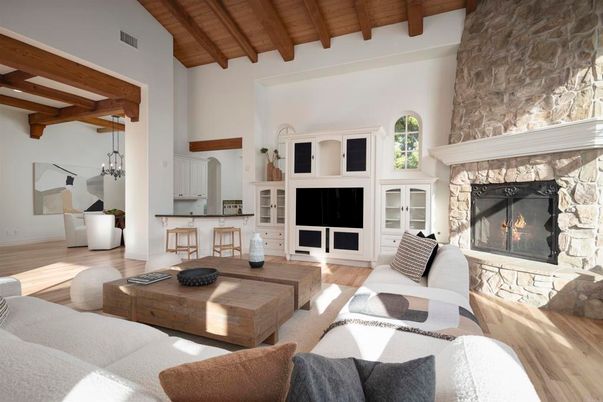 Fireplace, Interior, Living room, Pendant Lights, Stone Walls, Wooden Beams, Wooden Ceilings, Wood Texture Flooring