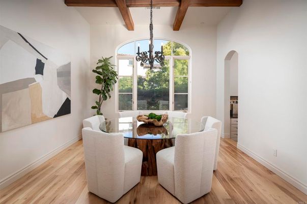 Chandelier, Dining room, Interior, Wooden Beams, Wood Texture Flooring
