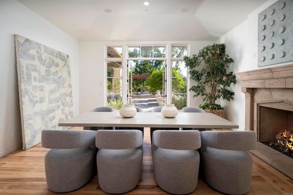 Dining room, Fireplace, Interior, Recessed Lighting, Wood Texture Flooring
