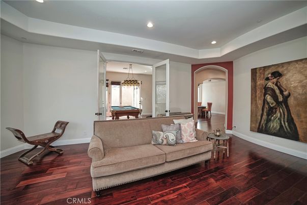 Billiard Table, Game Room, Interior, Living room, Pendant Lights, Recessed Lighting, Wood Texture Flooring
