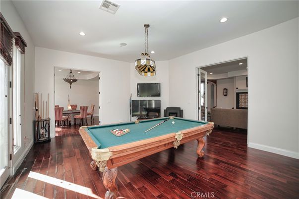 Billiard Table, Dining room, Game Room, Interior, Pendant Lights, Recessed Lighting, Wood Texture Flooring
