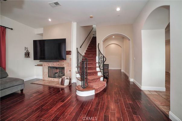 Fireplace, Interior, Recessed Lighting, Wood Texture Flooring