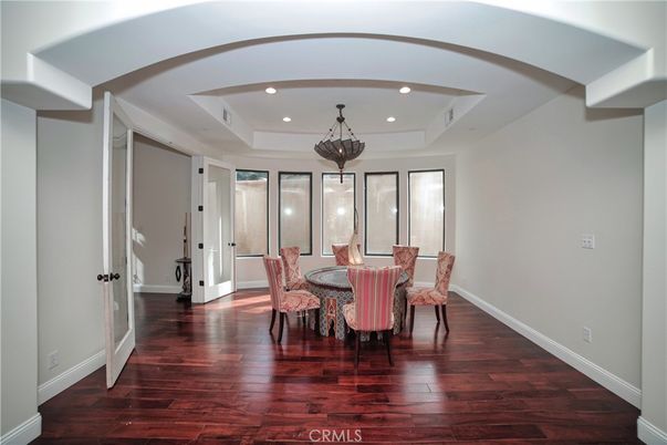 Dining room, Interior, Pendant Lights, Recessed Lighting, Wood Texture Flooring