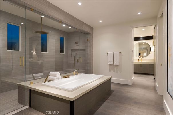 Bathroom, Glass Shower, Interior, Recessed Lighting, Wood Texture Flooring