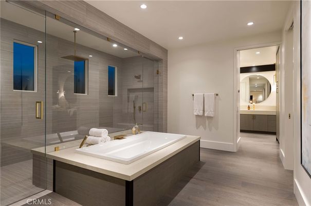 Bathroom, Glass Shower, Interior, Recessed Lighting, Wood Texture Flooring