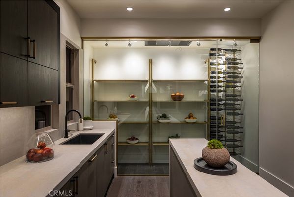 Interior, Kitchen, Recessed Lighting, Wine Storage, Wood Texture Flooring