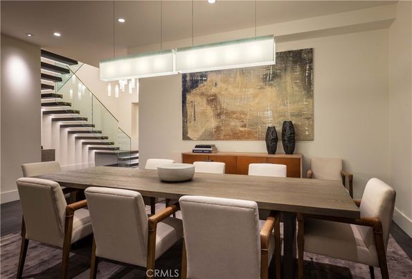 Dining room, Interior, Pendant Lights, Recessed Lighting, Wood Texture Flooring