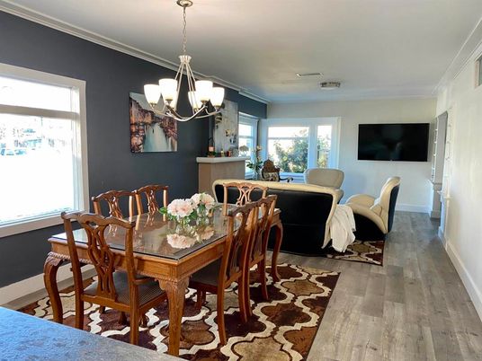 Chandelier, Dining room, Interior, Wood Texture Flooring