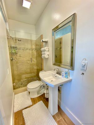 Bathroom, Glass Shower, Interior, Wood Texture Flooring