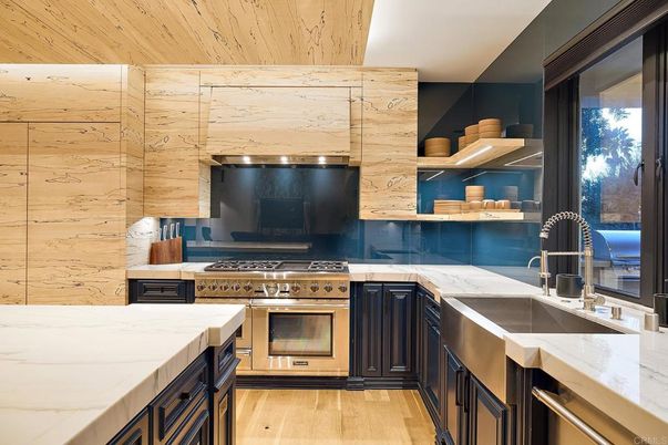 Interior, Kitchen, Marble Walls, Stainless Steel Appliances, Wood Texture Flooring
