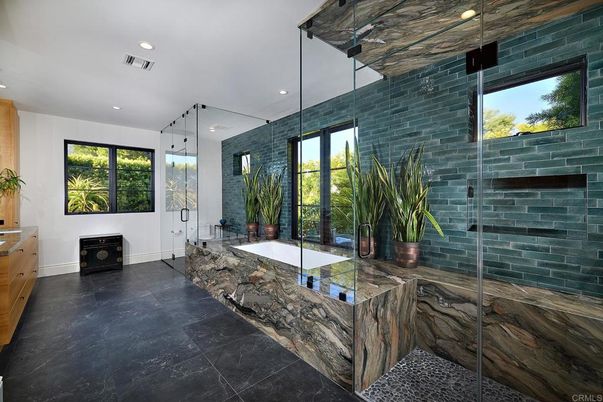 Bathroom, Fireplace, Glass Shower, Interior, Recessed Lighting, Stone Walls