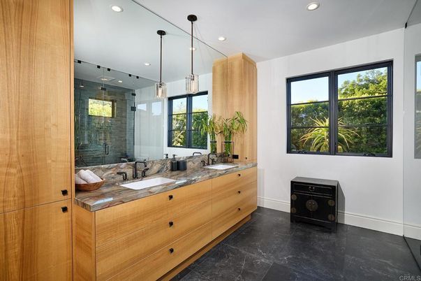 Bathroom, Dual Sink Vanities, Glass Shower, Interior, Pendant Lights, Recessed Lighting