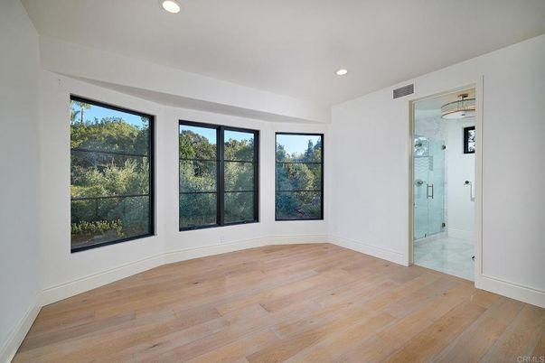 Bathroom, Empty room, Glass Shower, Interior, Recessed Lighting, Wood Texture Flooring