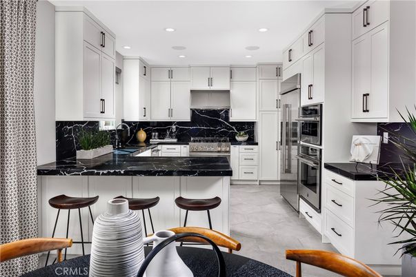 Interior, Kitchen, Marble, Marble Walls, Recessed Lighting, Stainless Steel Appliances