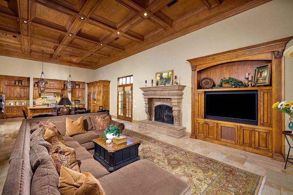 Fireplace, Interior, Kitchen, Living room, Pendant Lights, Recessed Lighting, Wooden Beams, Wooden Ceilings