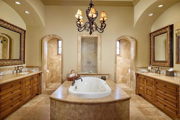 Bathroom, Chandelier, Dual Sink Vanities, Interior, Recessed Lighting