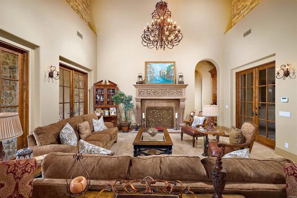 Chandelier, Fireplace, Interior, Living room