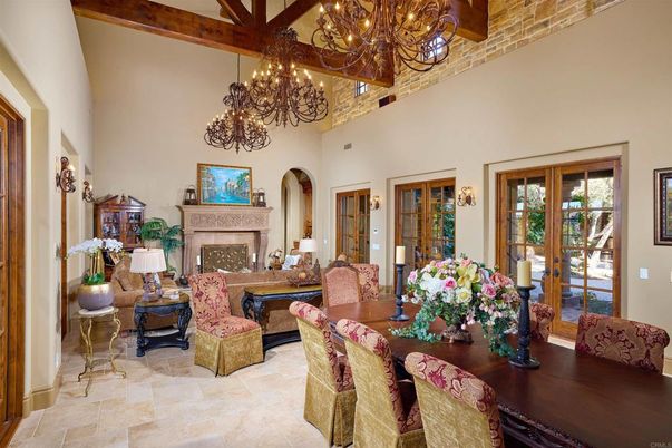 Chandelier, Dining room, Fireplace, Interior, Living room, Wooden Beams
