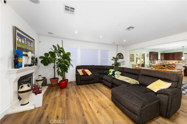 Dining room, Fireplace, Interior, Kitchen, Living room, Pendant Lights, Recessed Lighting, Wood Texture Flooring