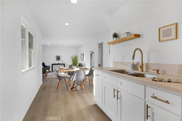 Dining room, Interior, Kitchen, Recessed Lighting, Wood Texture Flooring