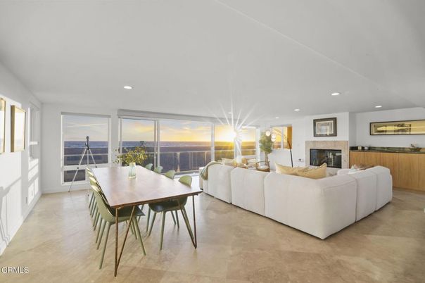 Dining room, Fireplace, Interior, Living room, Recessed Lighting, Water
