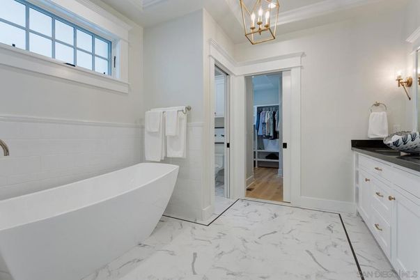 Bathroom, Free Standing Baths, Interior, Marble, Pendant Lights, Wood Texture Flooring