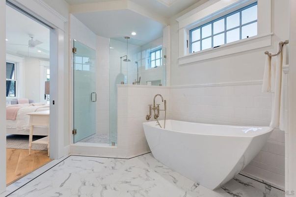 Bathroom, Free Standing Baths, Glass Shower, Interior, Marble, Recessed Lighting