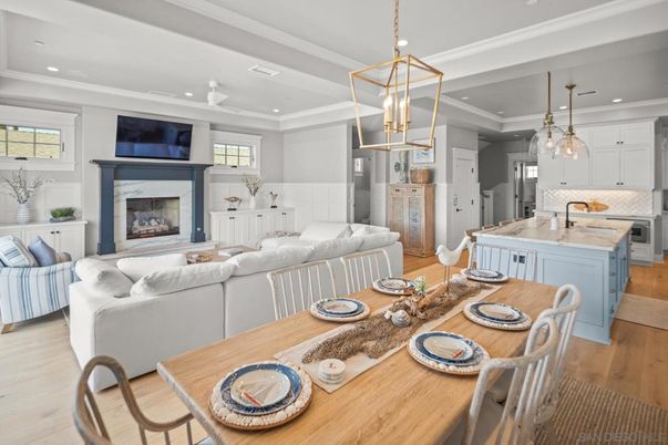 Dining room, Fireplace, Interior, Kitchen, Living room, Pendant Lights, Recessed Lighting, Wood Texture Flooring