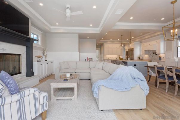 Dining room, Fireplace, Interior, Kitchen, Living room, Pendant Lights, Recessed Lighting, Wood Texture Flooring