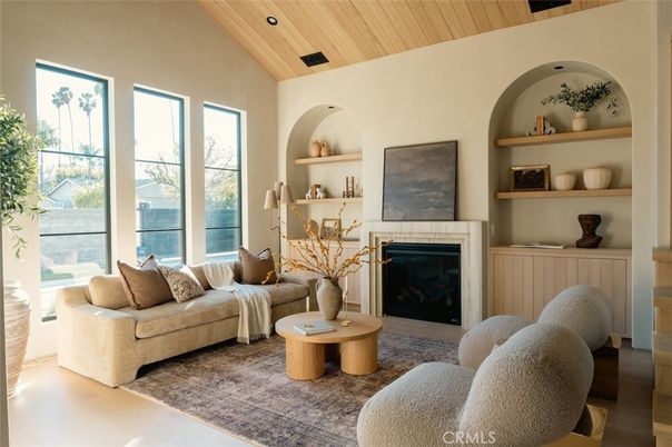 Fireplace, Interior, Living room, Recessed Lighting, Wooden Ceilings, Wood Texture Flooring