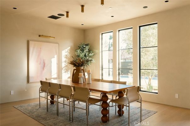 Dining room, Interior, Recessed Lighting, Wood Texture Flooring