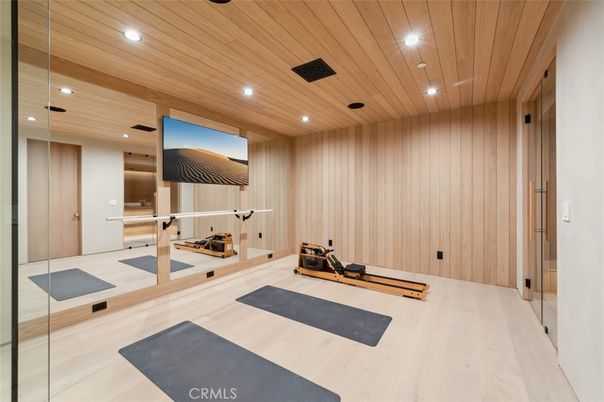 Fitness Equipment, Interior, Recessed Lighting, Wooden Ceilings, Wood Texture Flooring, Wooden Walls