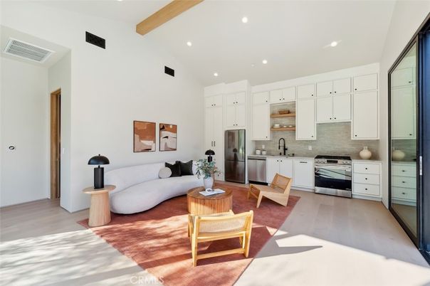 Interior, Kitchen, Living room, Recessed Lighting, Stainless Steel Appliances, Wooden Beams, Wood Texture Flooring
