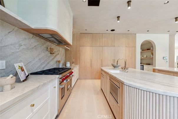 Interior, Kitchen, Marble Walls, Recessed Lighting, Wood Texture Flooring