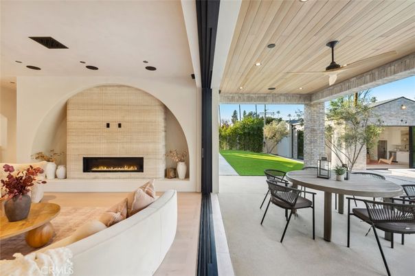 Dining room, Fireplace, Interior, Living room, Recessed Lighting, Wooden Ceilings