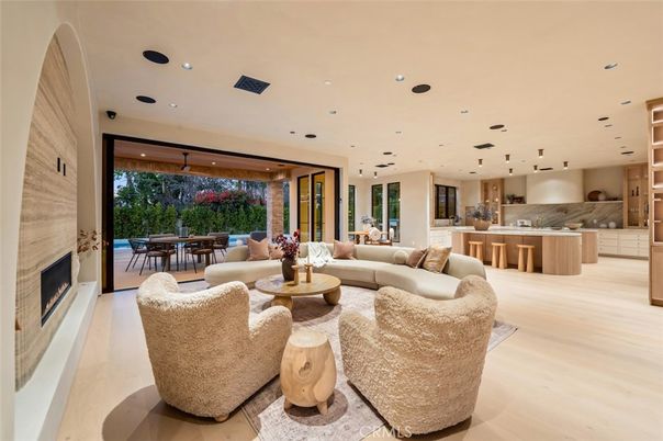 Dining room, Fireplace, Interior, Kitchen, Living room, Pendant Lights, Recessed Lighting, Stone Walls, Wood Texture Flooring