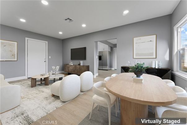 Dining room, Interior, Living room, Recessed Lighting, Wood Texture Flooring