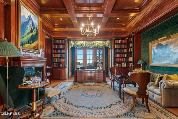 Chandelier, Fireplace, Home Office, Interior, Recessed Lighting, Wooden Beams, Wooden Ceilings, Wood Texture Flooring