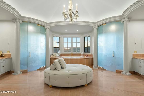 Bathroom, Chandelier, Glass Shower, Interior, Recessed Lighting