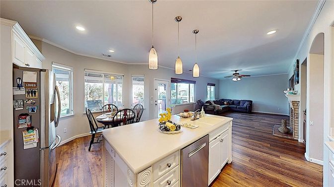 Dining room, Interior, Kitchen, Living room, Pendant Lights, Recessed Lighting, Wood Texture Flooring