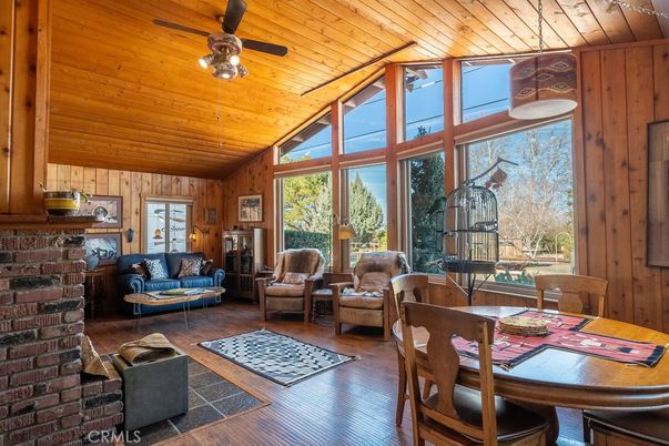 Dining room, Fireplace, Interior, Living room, Pendant Lights, Stone Walls, Wooden Ceilings, Wood Texture Flooring, Wooden Walls