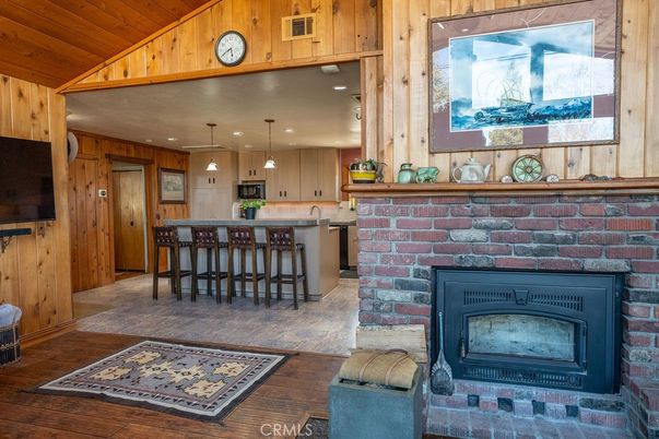 Fireplace, Interior, Kitchen, Pendant Lights, Wooden Ceilings, Wood Texture Flooring, Wooden Walls